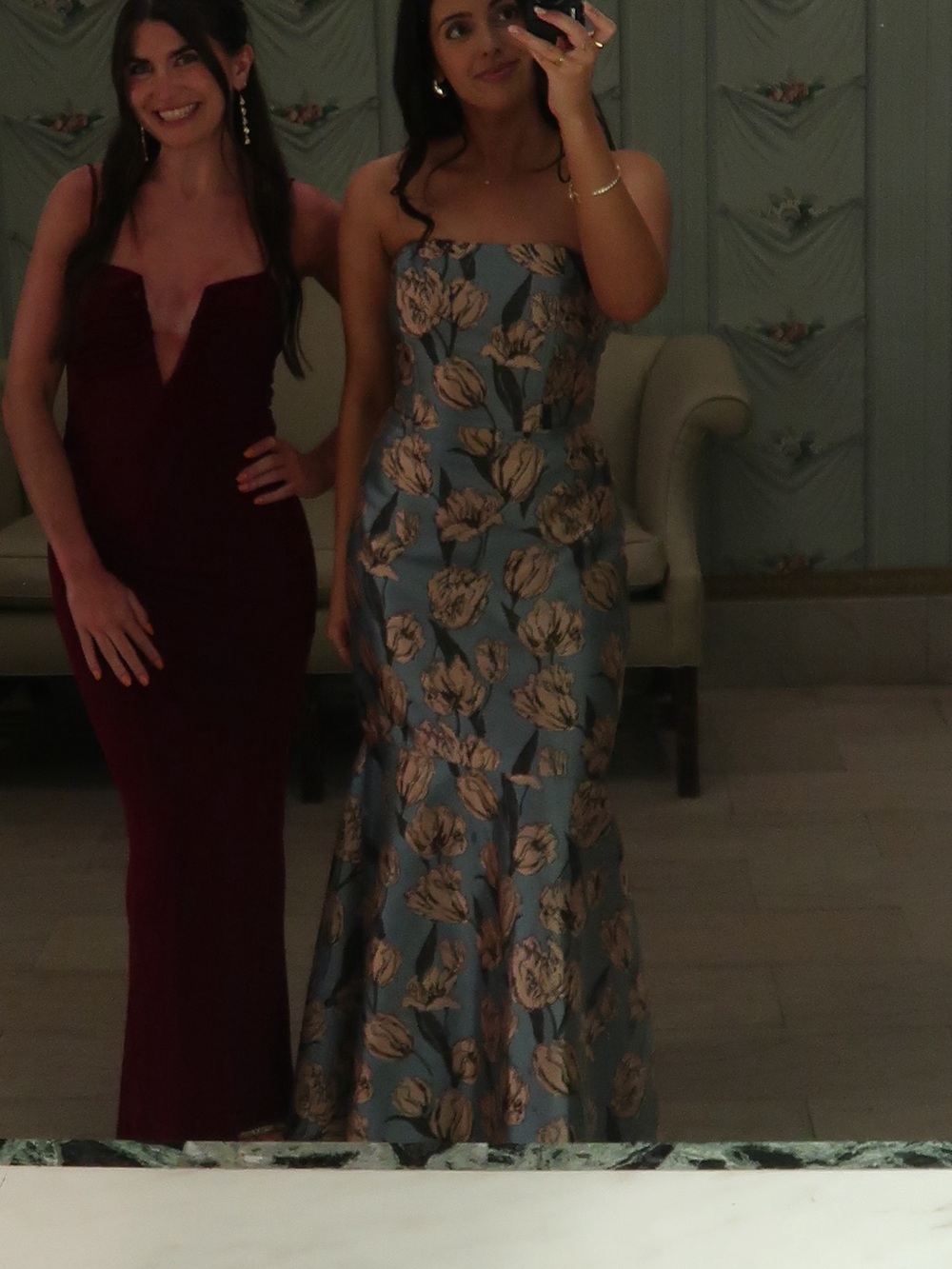 Gowning Around Slate Blue Floral Jacquard Strapless Maxi Dress - Picture 8 of 9